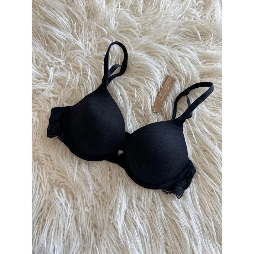 Skims Cotton Lace Lightly Lined Plunge Bra Onyx Size 34B - Picture 3 of 8